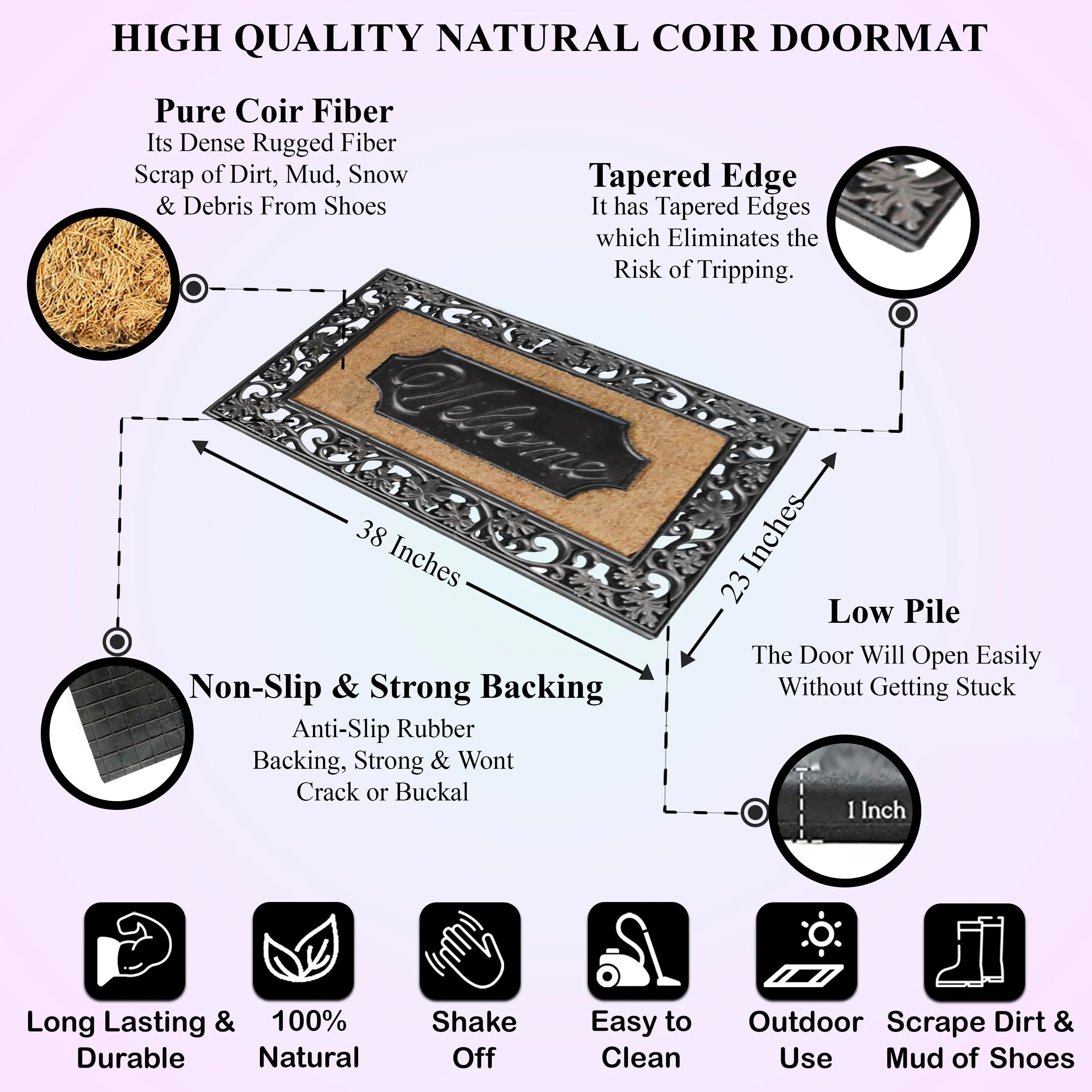 A1HC Rubber and Coir Door Mat Floral Border Dirt Trapper Heavy Weight Doormat