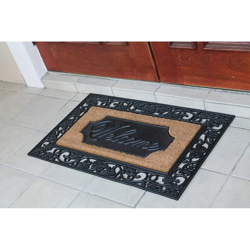 A1HC Rubber and Coir Door Mat Floral Border Dirt Trapper Heavy Weight Doormat