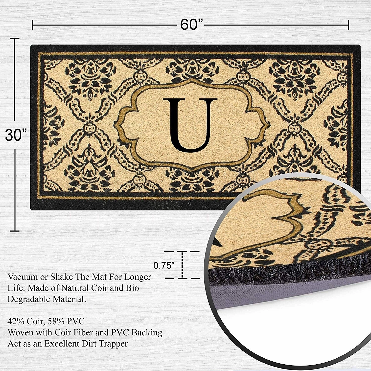 A1HC Uriel Treated Coir Monogrammed A Entry Double Door Mat 30x 60