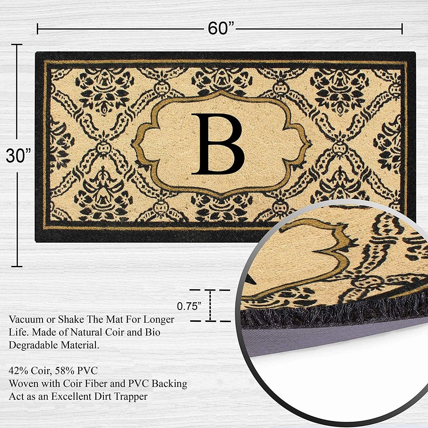 A1HC Uriel Treated Coir Monogrammed A Entry Double Door Mat 30x 60
