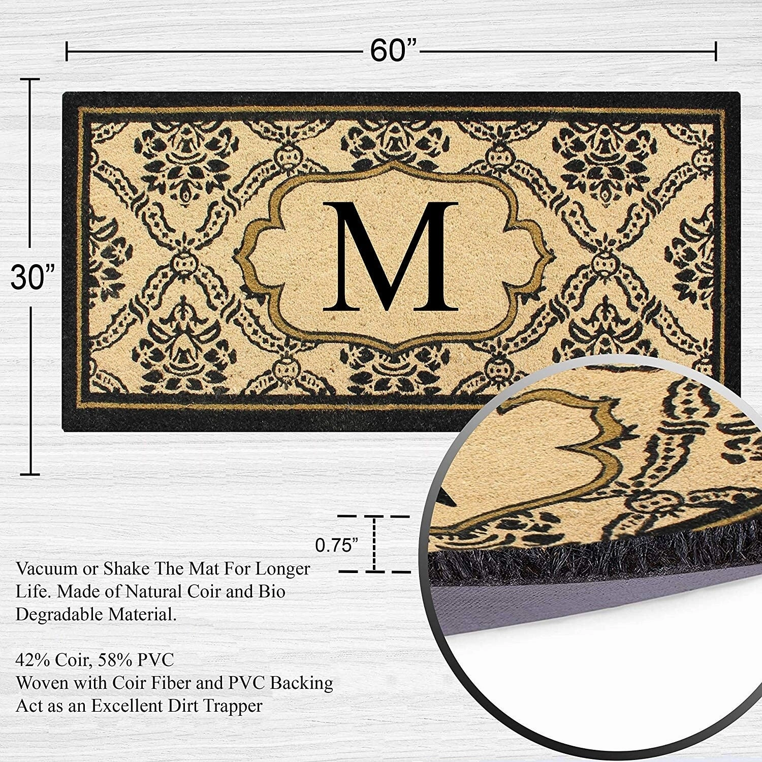 A1HC Uriel Treated Coir Monogrammed A Entry Double Door Mat 30x 60