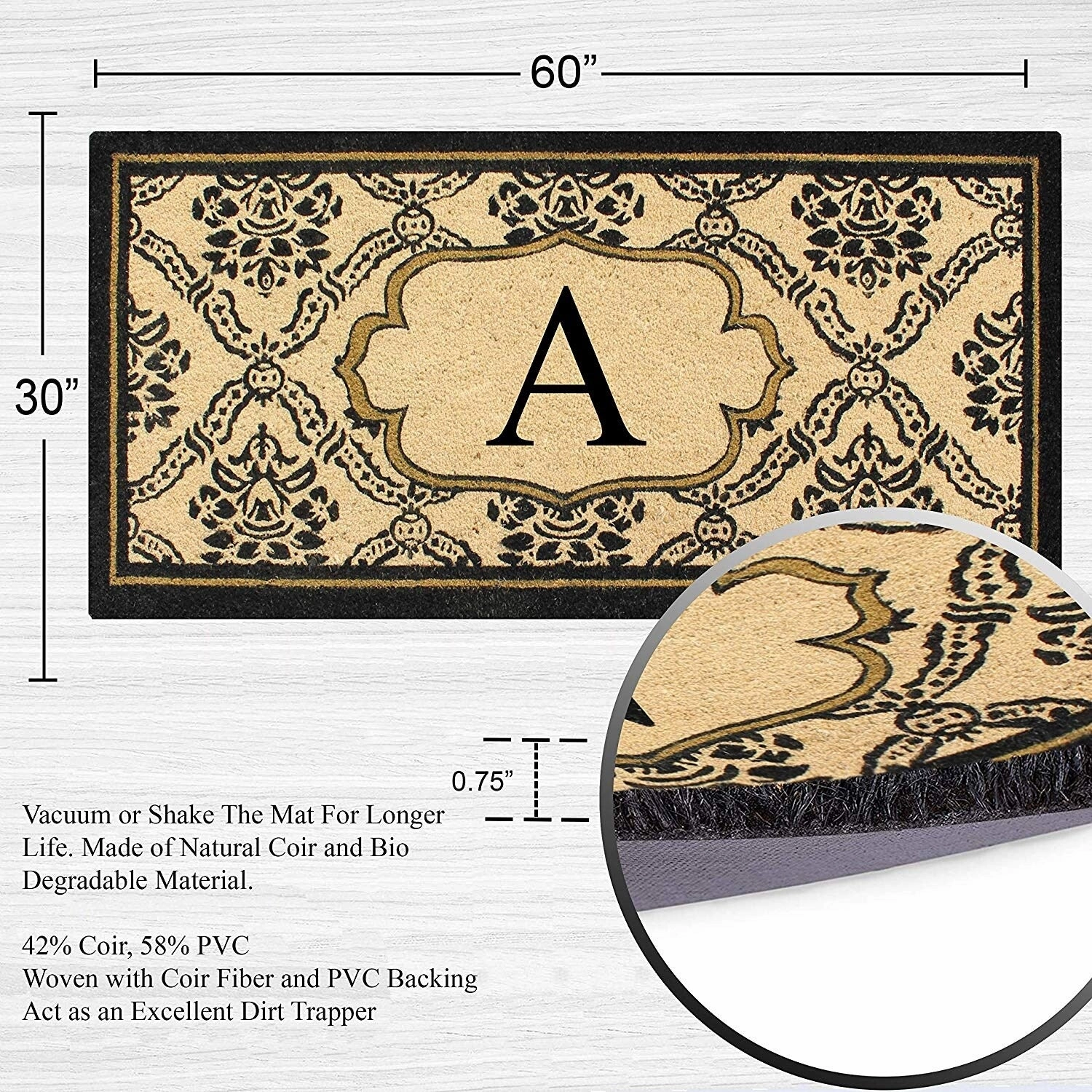 A1HC Uriel Treated Coir Monogrammed A Entry Double Door Mat 30x 60