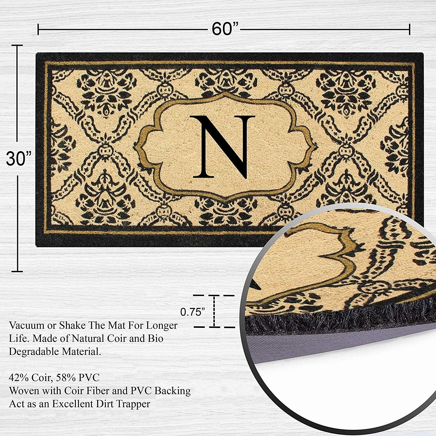 A1HC Uriel Treated Coir Monogrammed A Entry Double Door Mat 30x 60