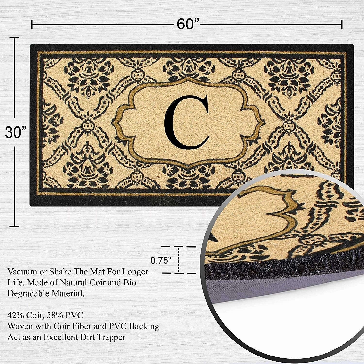A1HC Uriel Treated Coir Monogrammed A Entry Double Door Mat 30x 60