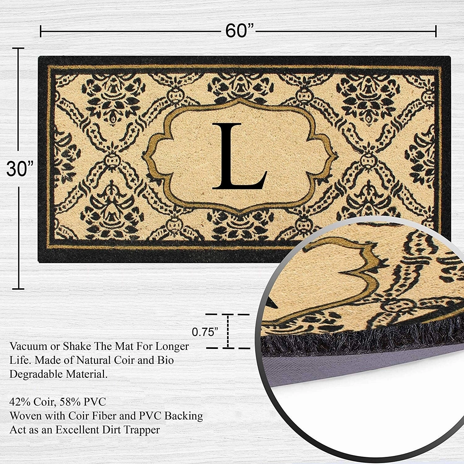 A1HC Uriel Treated Coir Monogrammed A Entry Double Door Mat 30x 60