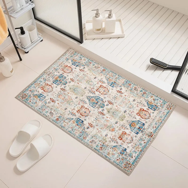 Area Rug Indoor Stain Resistant Washable Door Mat Rugs & Non-Slip Rubber Backing.Low-Pile Boho Vintage Distressed Carpet.Blue