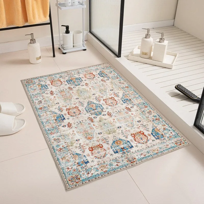 Area Rug Indoor Stain Resistant Washable Door Mat Rugs & Non-Slip Rubber Backing.Low-Pile Boho Vintage Distressed Carpet.Blue