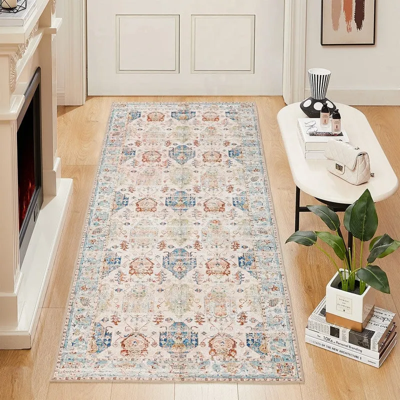 Area Rug Indoor Stain Resistant Washable Door Mat Rugs & Non-Slip Rubber Backing.Low-Pile Boho Vintage Distressed Carpet.Blue