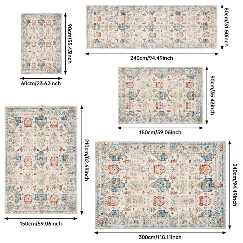 Area Rug Indoor Stain Resistant Washable Door Mat Rugs & Non-Slip Rubber Backing.Low-Pile Boho Vintage Distressed Carpet.Blue