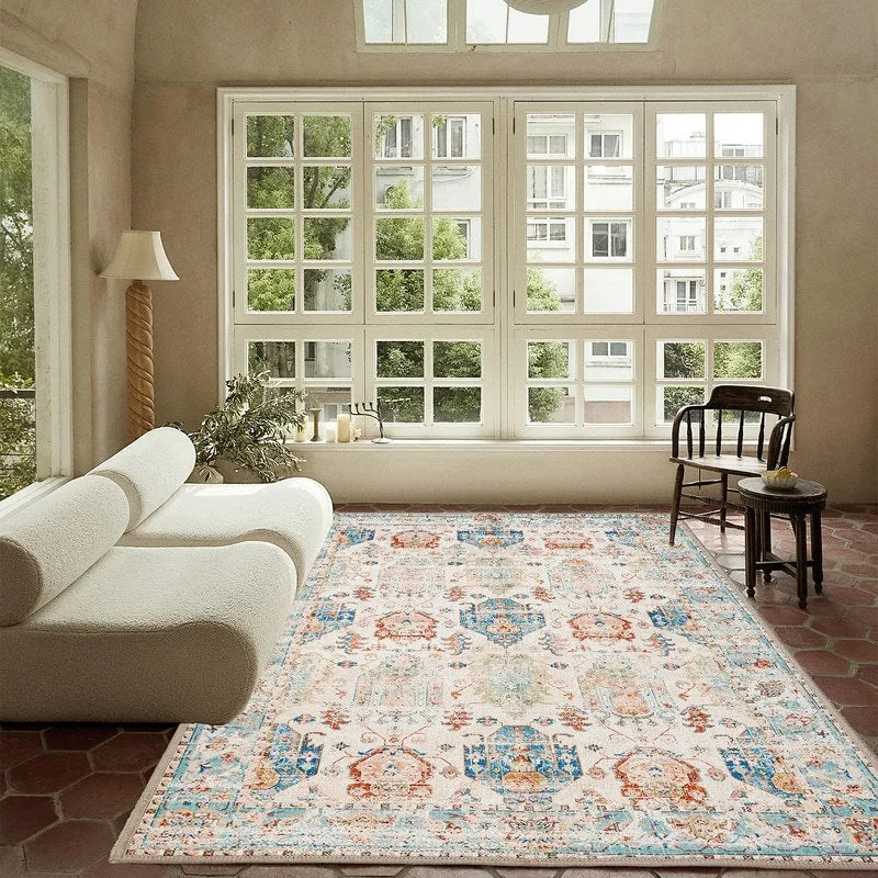 Area Rug Indoor Stain Resistant Washable Door Mat Rugs & Non-Slip Rubber Backing.Low-Pile Boho Vintage Distressed Carpet.Blue