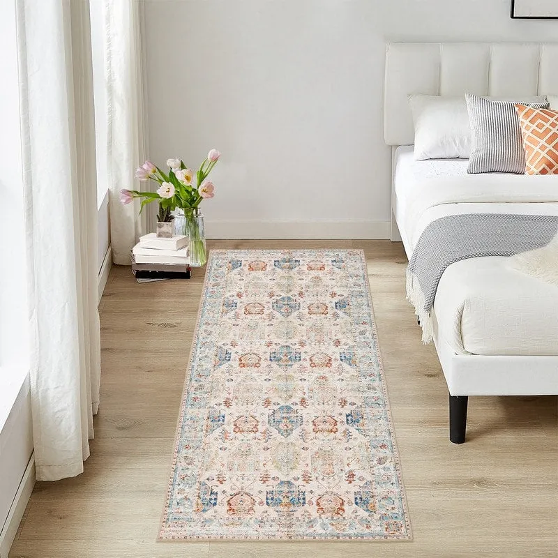 Area Rug Indoor Stain Resistant Washable Door Mat Rugs & Non-Slip Rubber Backing.Low-Pile Boho Vintage Distressed Carpet.Blue