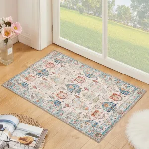 Area Rug Indoor Stain Resistant Washable Door Mat Rugs & Non-Slip Rubber Backing.Low-Pile Boho Vintage Distressed Carpet.Blue