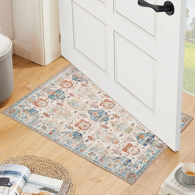 Area Rug Indoor Stain Resistant Washable Door Mat Rugs & Non-Slip Rubber Backing.Low-Pile Boho Vintage Distressed Carpet.Blue