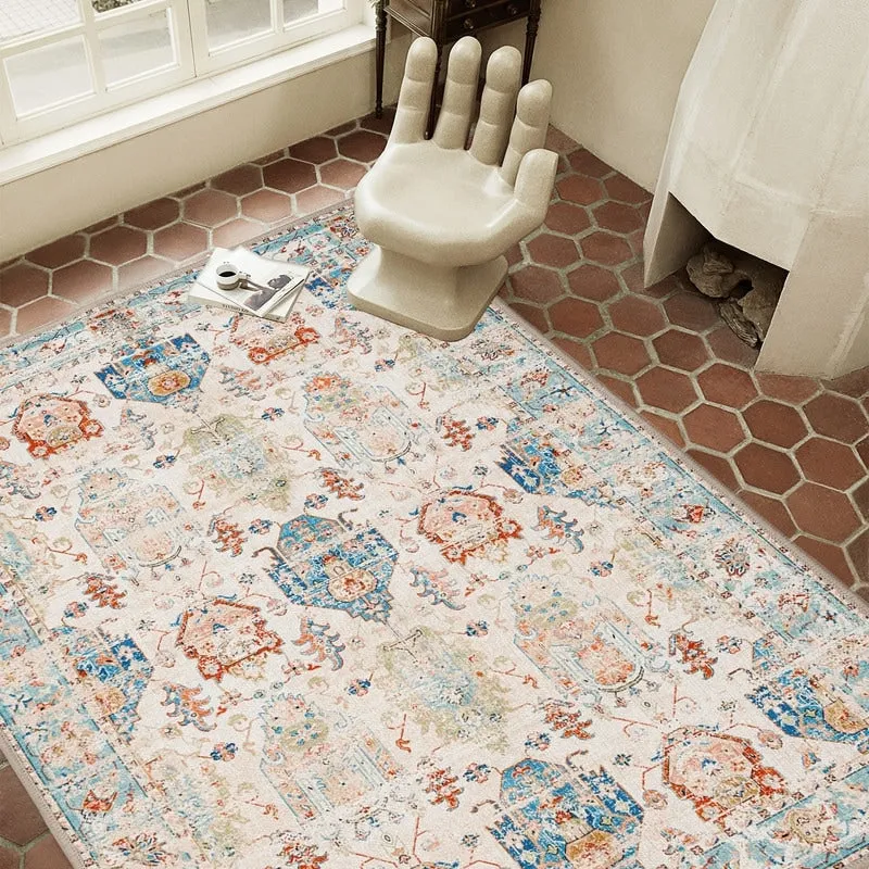 Area Rug Indoor Stain Resistant Washable Door Mat Rugs & Non-Slip Rubber Backing.Low-Pile Boho Vintage Distressed Carpet.Blue