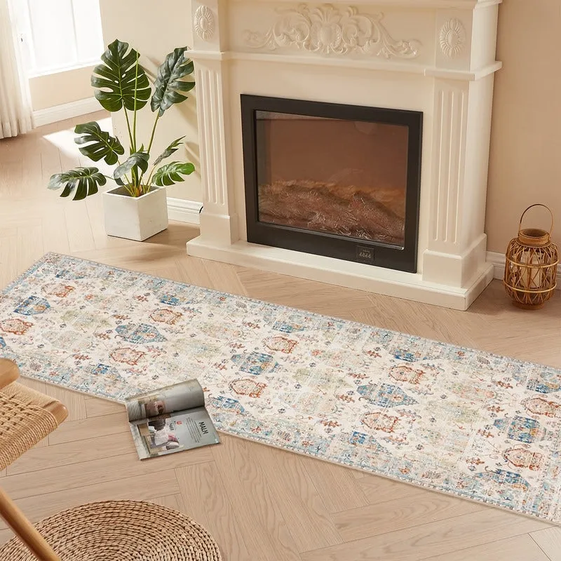 Area Rug Indoor Stain Resistant Washable Door Mat Rugs & Non-Slip Rubber Backing.Low-Pile Boho Vintage Distressed Carpet.Blue