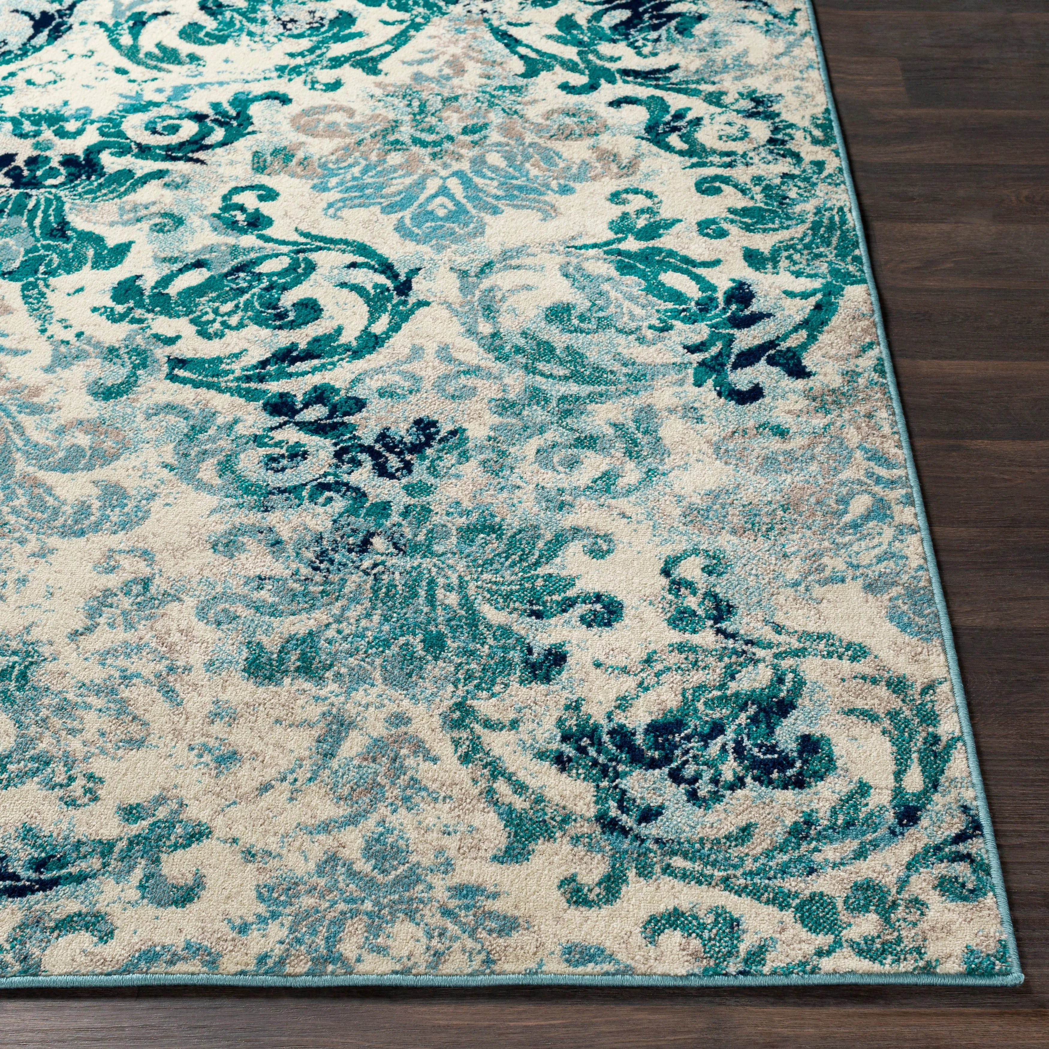 Arturas Teal Damask Area Rug - 6' 7 x 9' 6