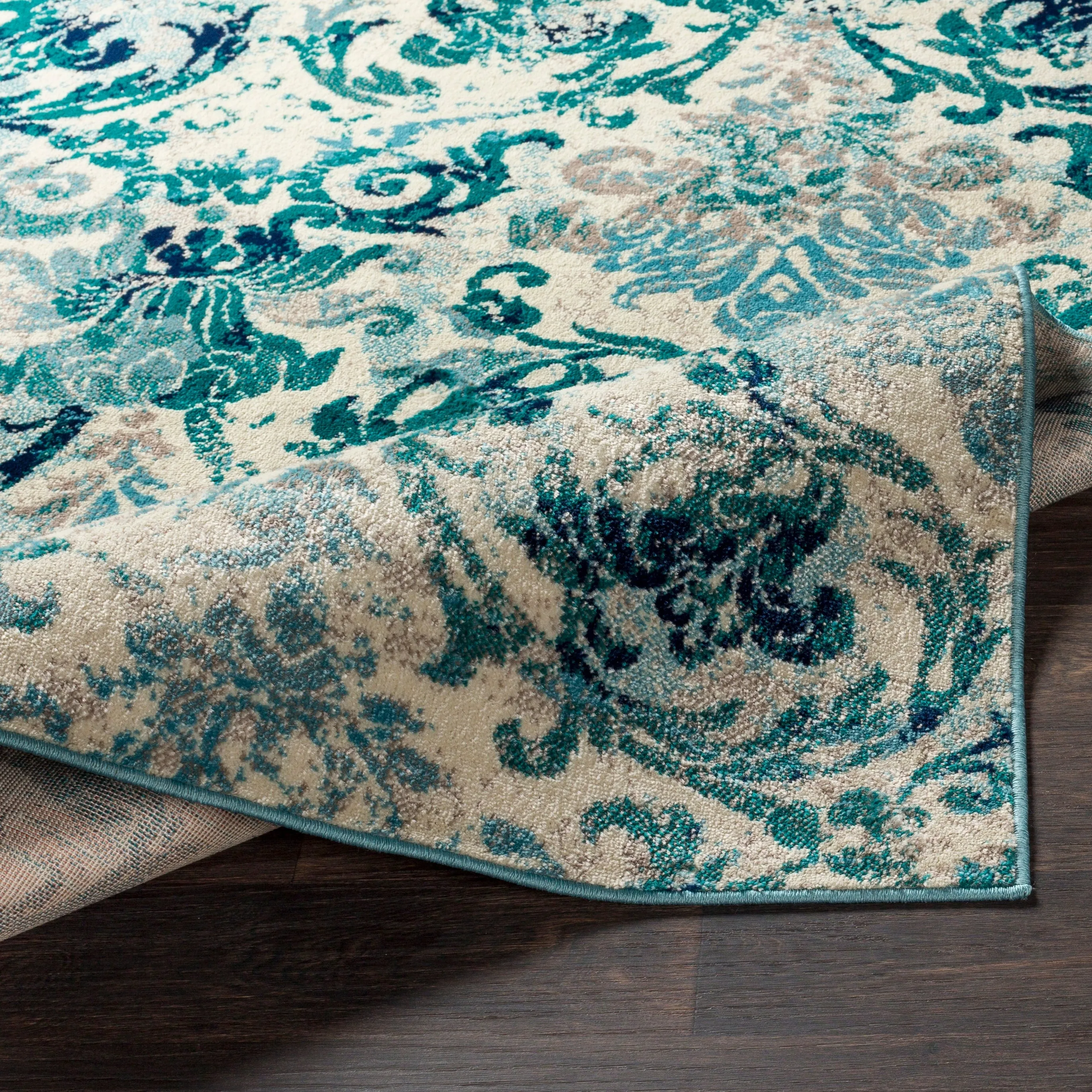 Arturas Teal Damask Area Rug - 6' 7 x 9' 6