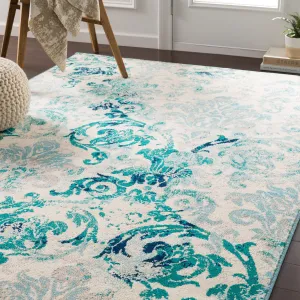 Arturas Teal Damask Area Rug - 6' 7 x 9' 6