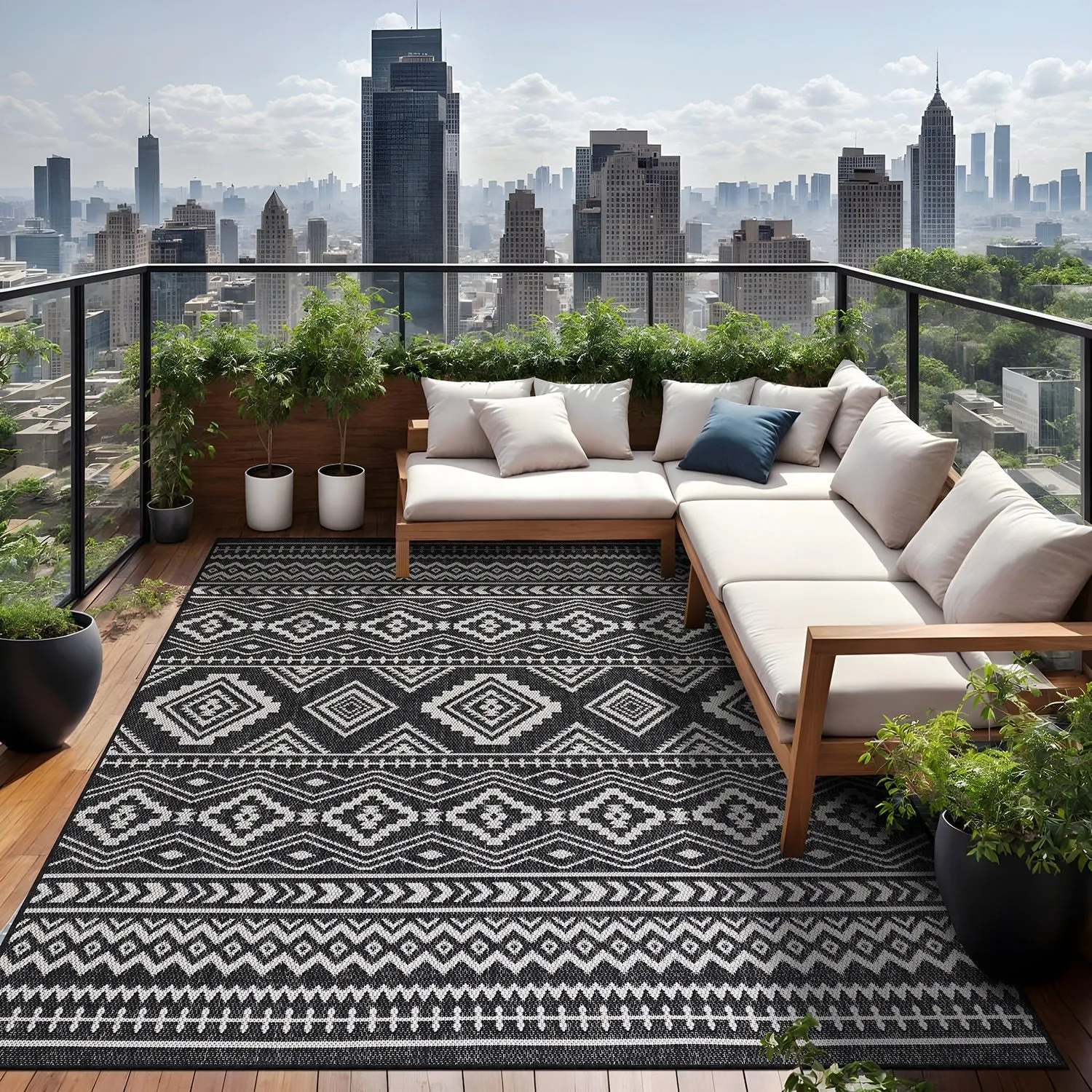 Beverly Rug Black White Boho Moroccan Indoor Outdoor Area Rug for Patio. Deck. Porch