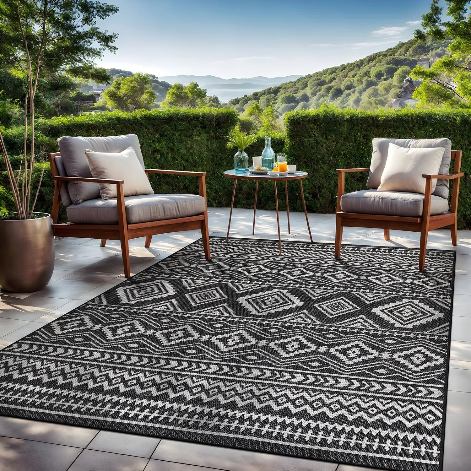 Beverly Rug Black White Boho Moroccan Indoor Outdoor Area Rug for Patio. Deck. Porch