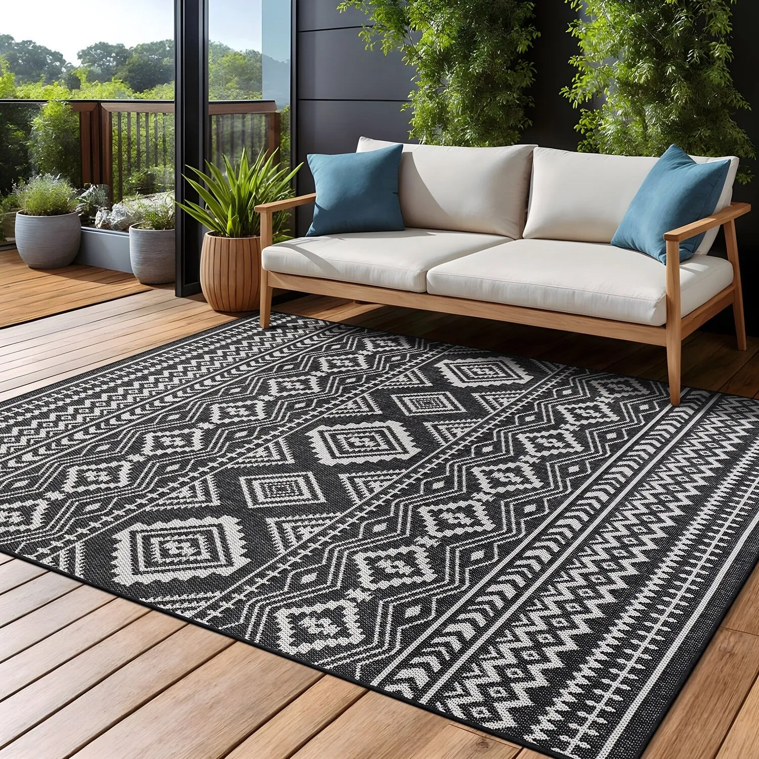 Beverly Rug Black White Boho Moroccan Indoor Outdoor Area Rug for Patio. Deck. Porch
