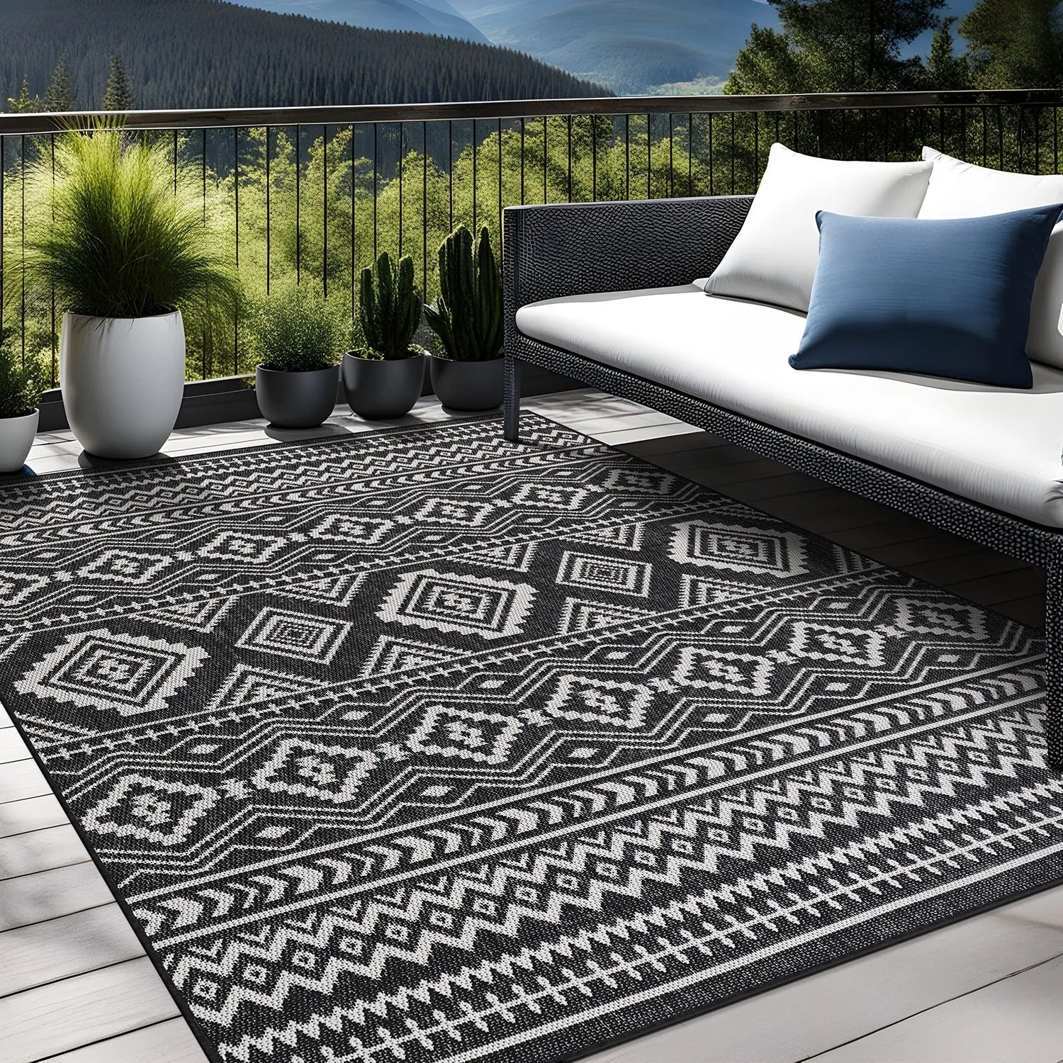 Beverly Rug Black White Boho Moroccan Indoor Outdoor Area Rug for Patio. Deck. Porch