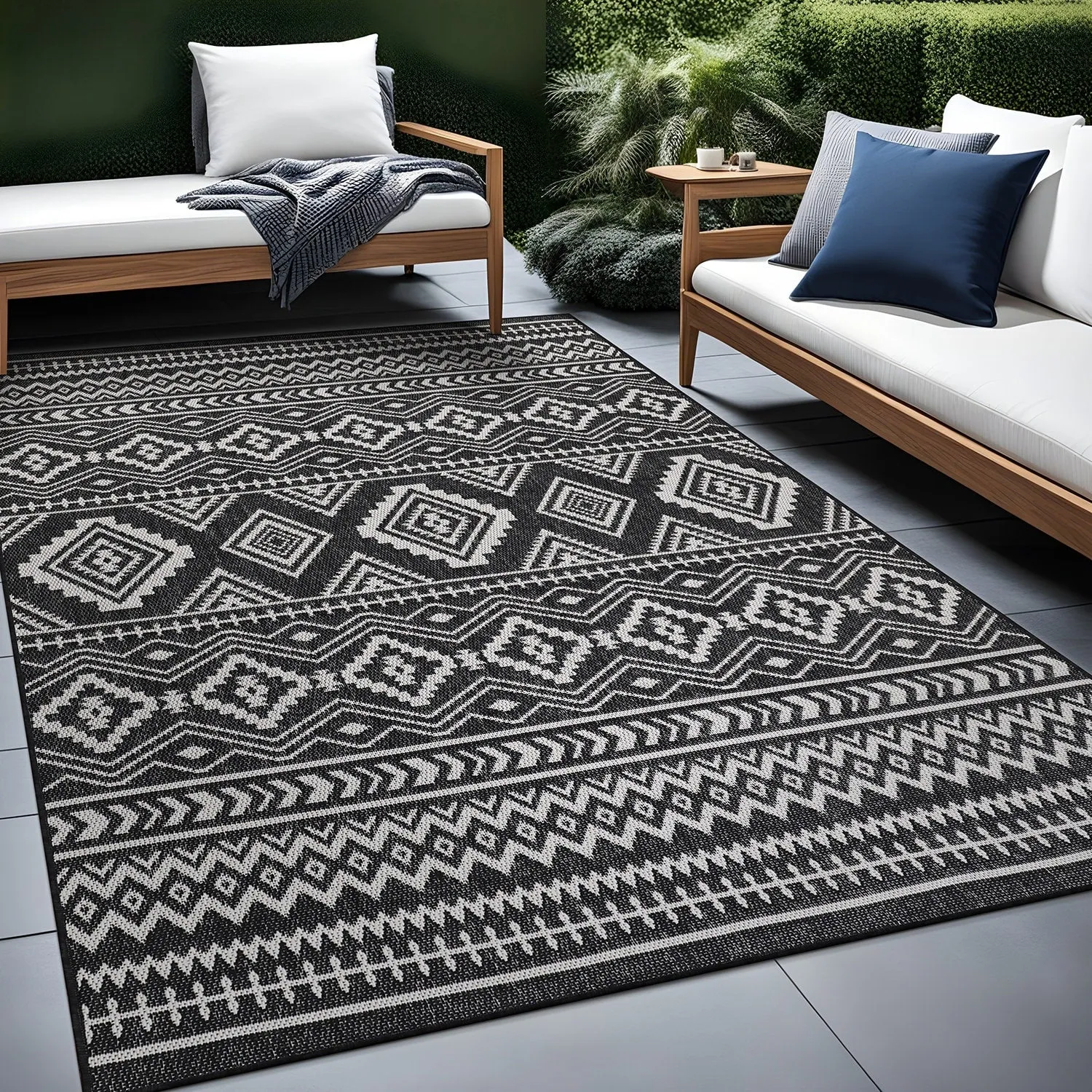 Beverly Rug Black White Boho Moroccan Indoor Outdoor Area Rug for Patio. Deck. Porch