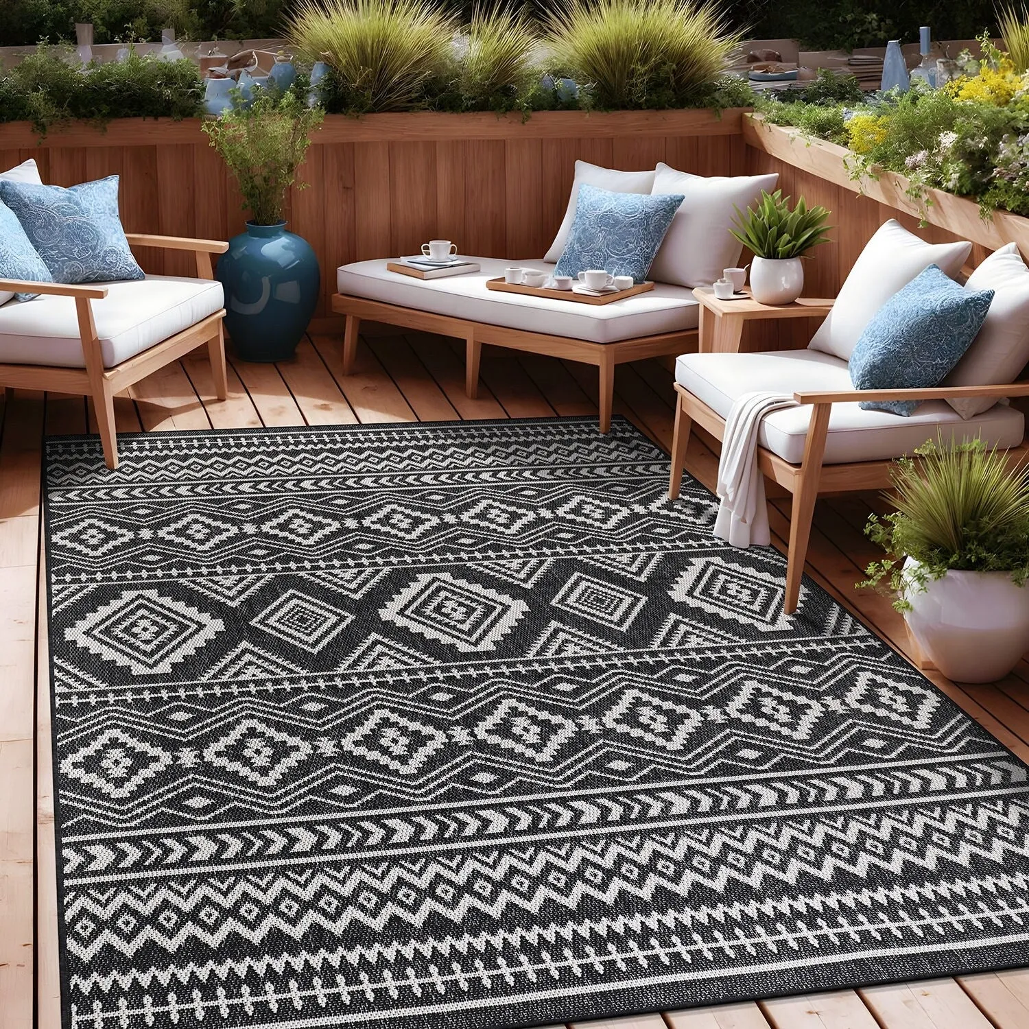 Beverly Rug Black White Boho Moroccan Indoor Outdoor Area Rug for Patio. Deck. Porch