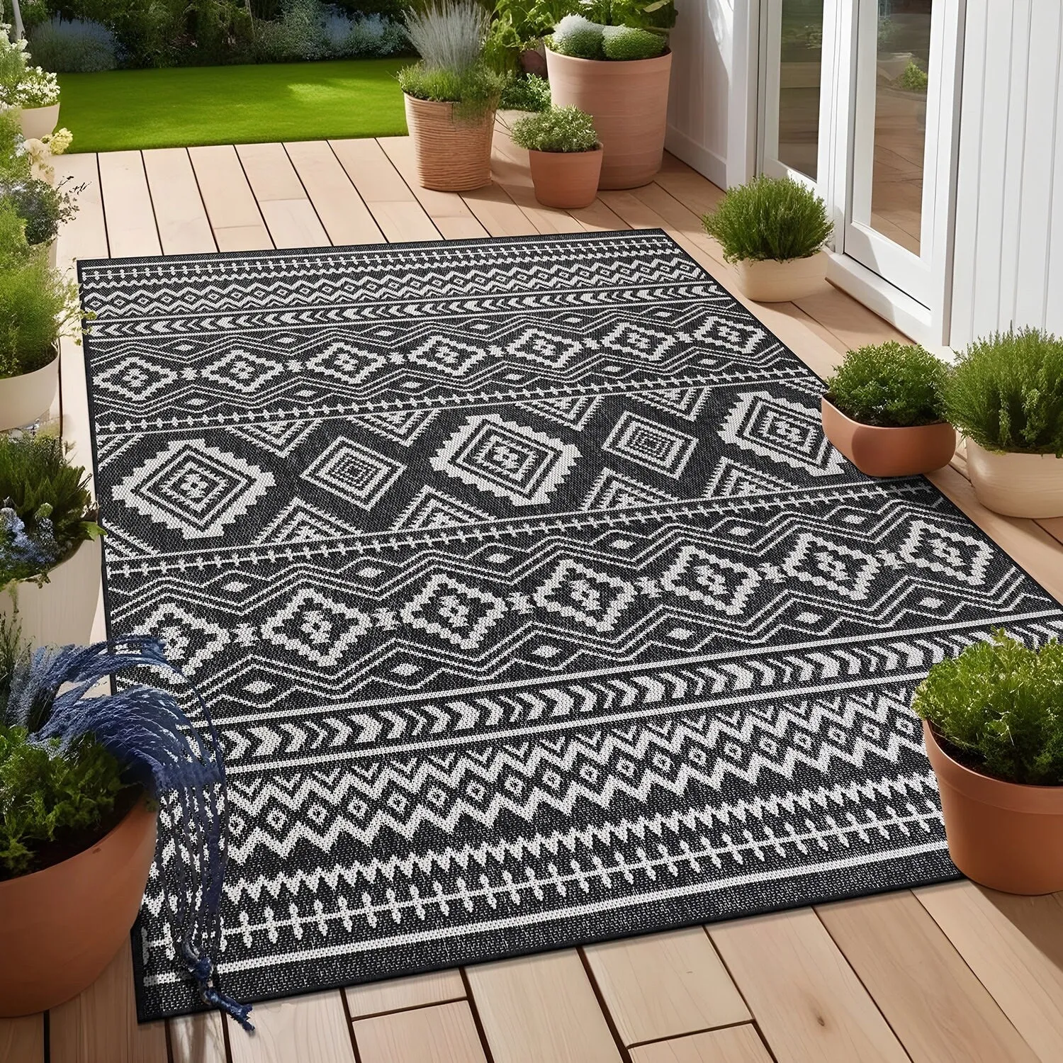 Beverly Rug Black White Boho Moroccan Indoor Outdoor Area Rug for Patio. Deck. Porch
