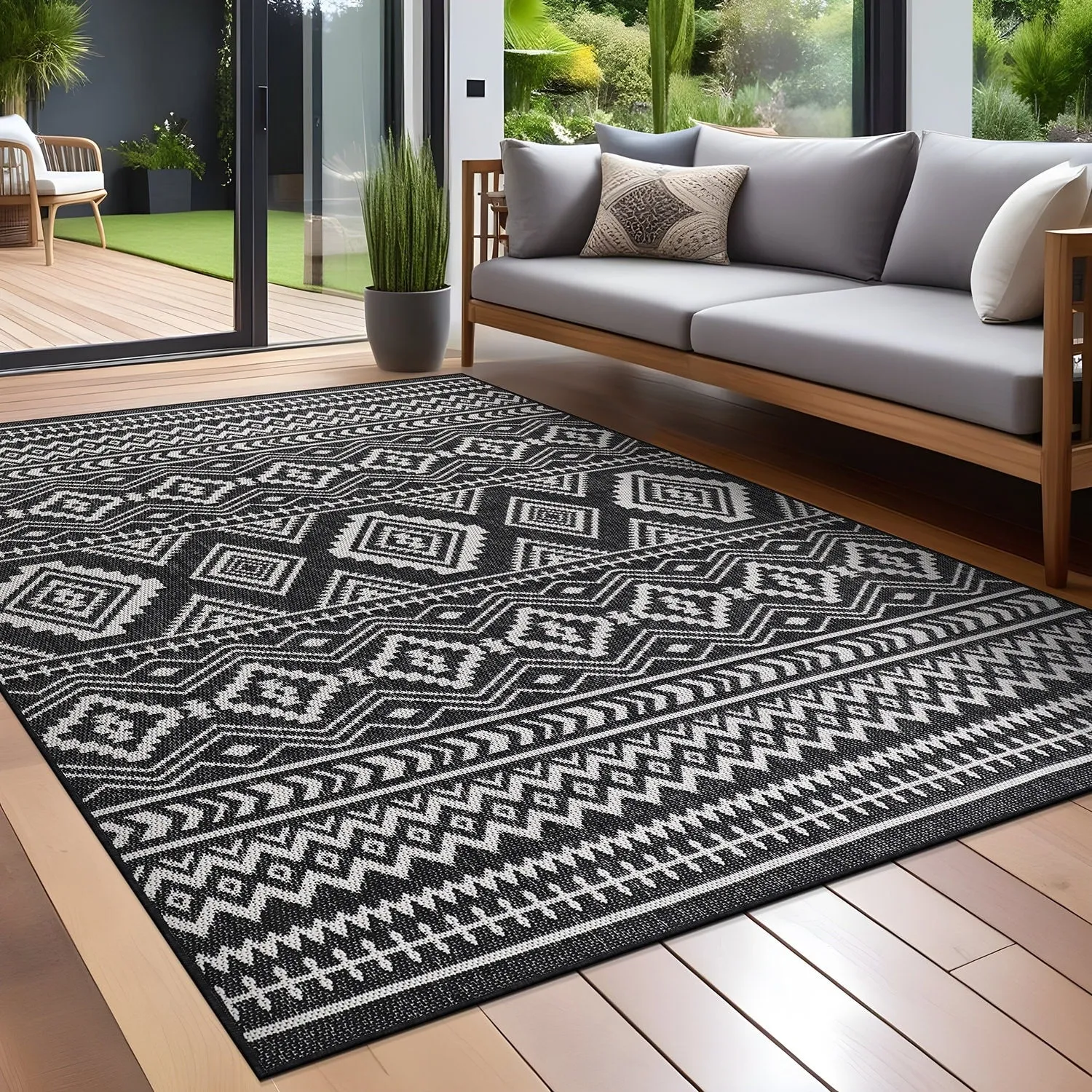 Beverly Rug Black White Boho Moroccan Indoor Outdoor Area Rug for Patio. Deck. Porch