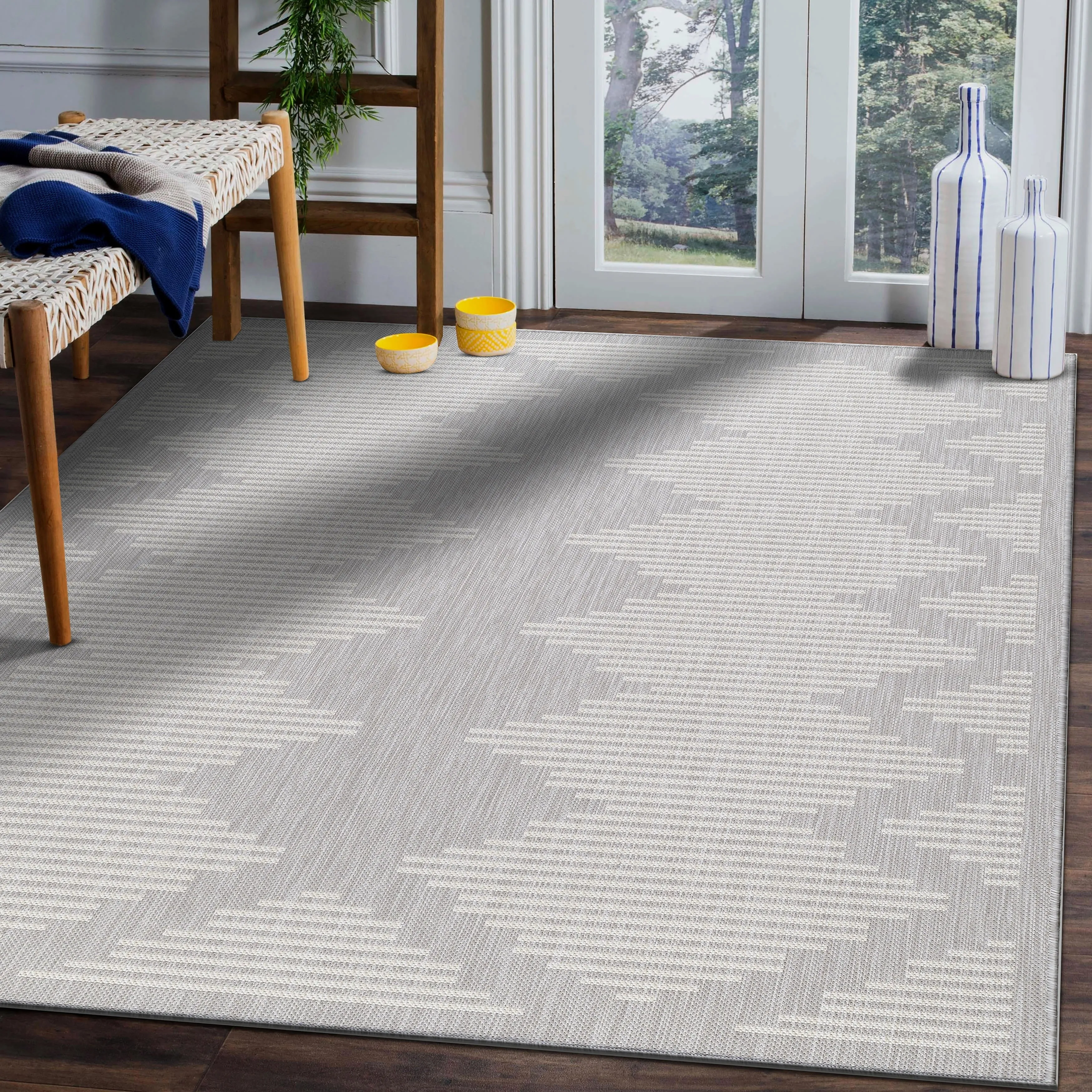 Beverly Rug Grey Geometric Indoor Outdoor Rug. Outside Carpet for Patio. Deck. Porch