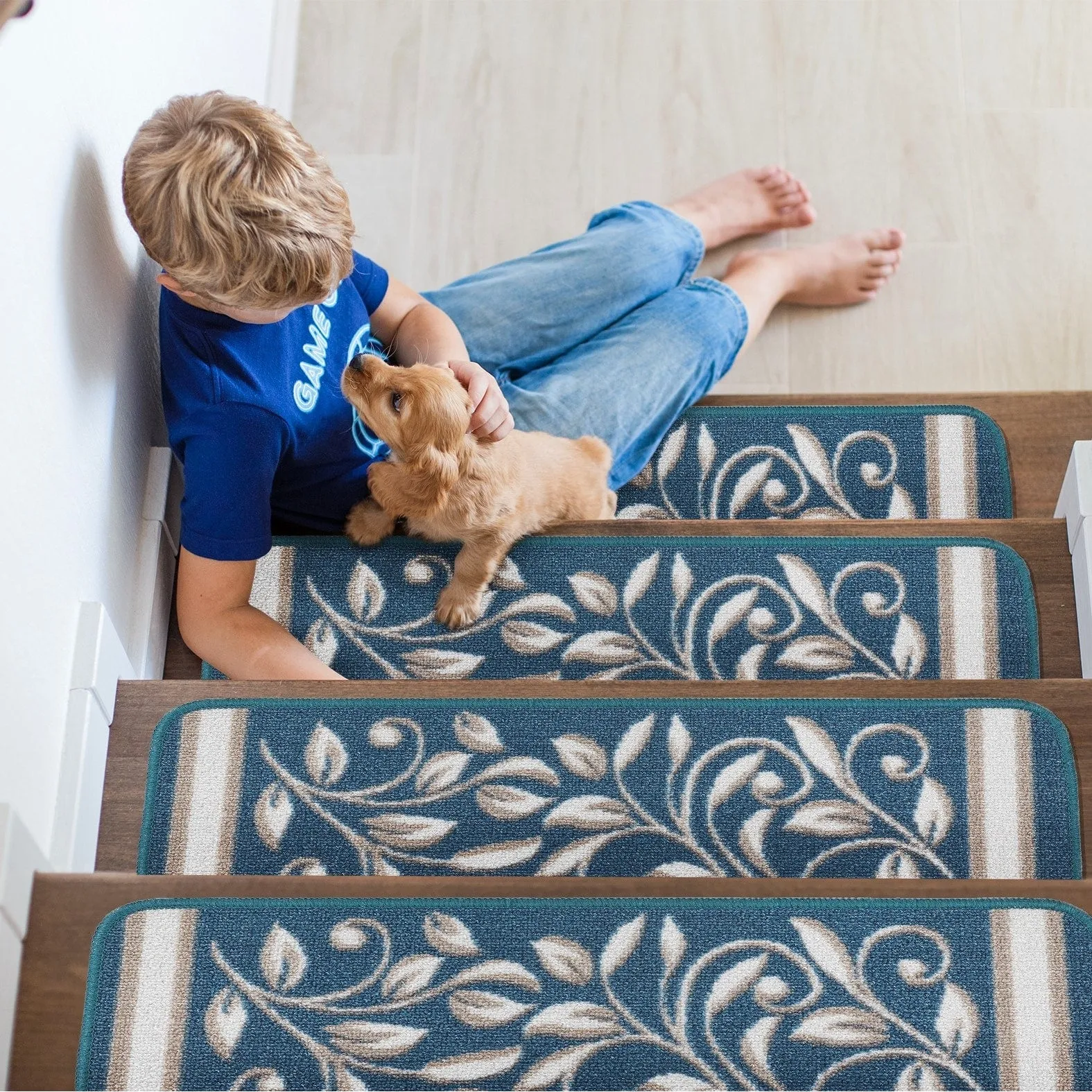 Beverly Rug Non Slip Treads Stylish Stain Resistant Floral Pattern Black Blue Brown Stair Treads 28 x 8.7