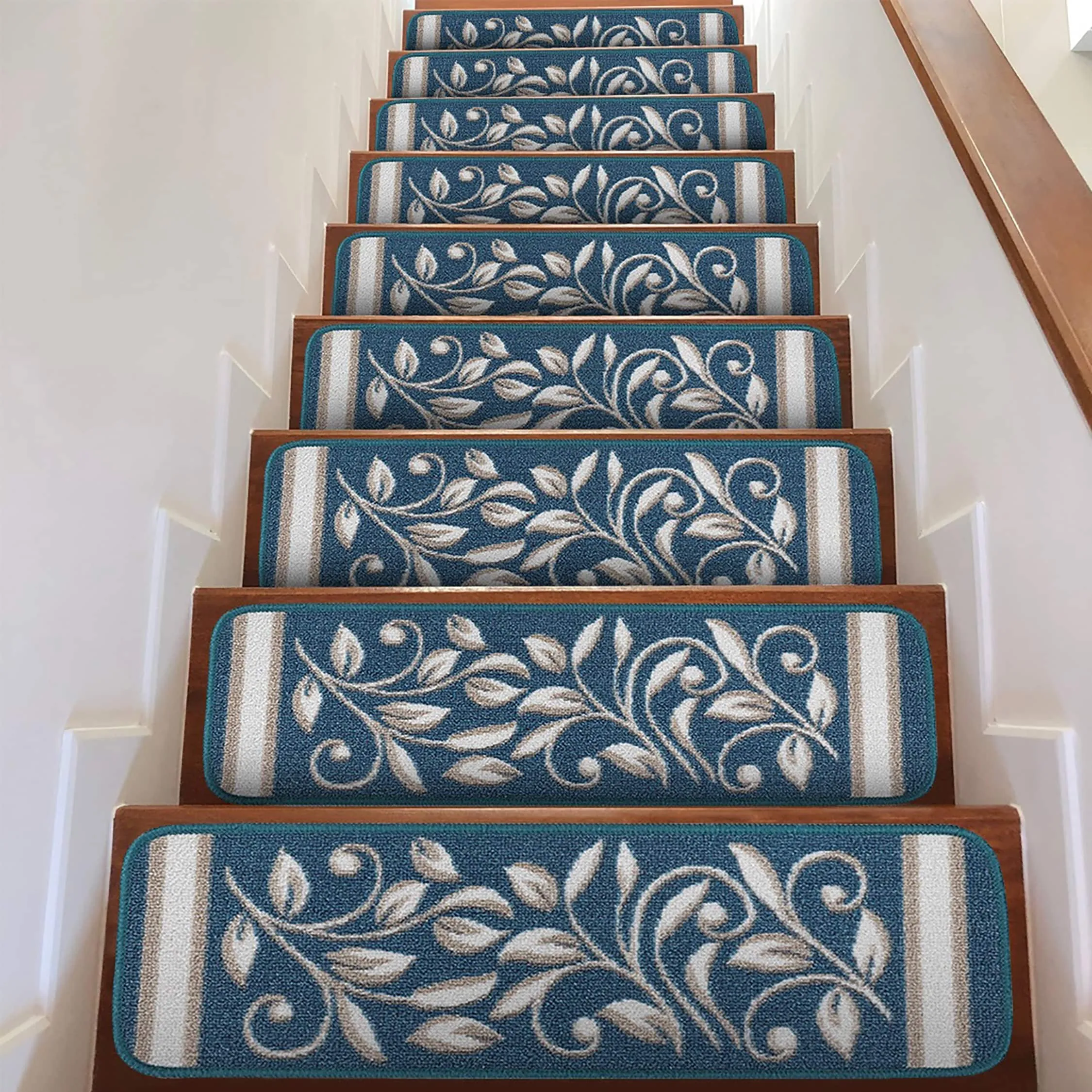 Beverly Rug Non Slip Treads Stylish Stain Resistant Floral Pattern Black Blue Brown Stair Treads 28 x 8.7