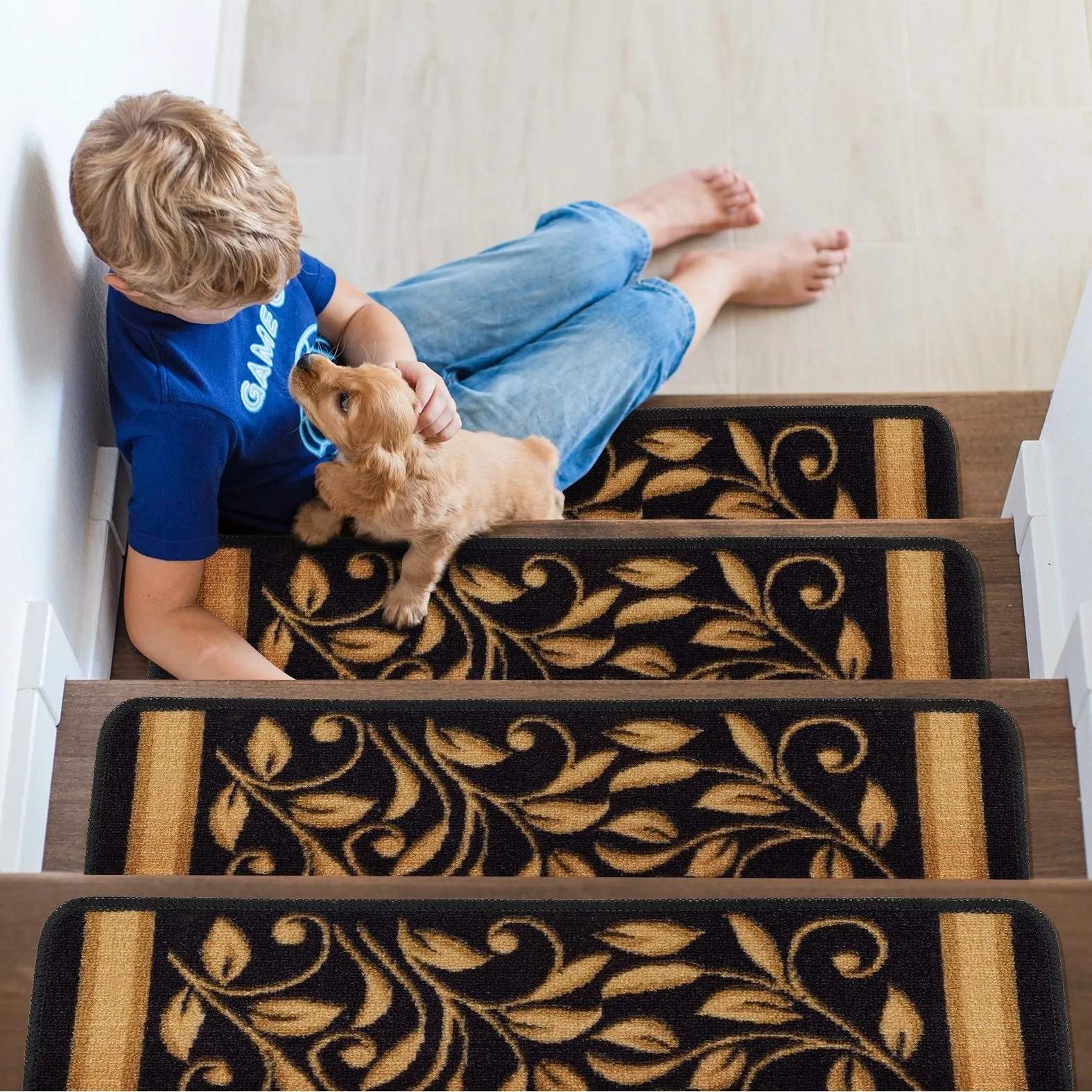 Beverly Rug Non Slip Treads Stylish Stain Resistant Floral Pattern Black Blue Brown Stair Treads 28 x 8.7