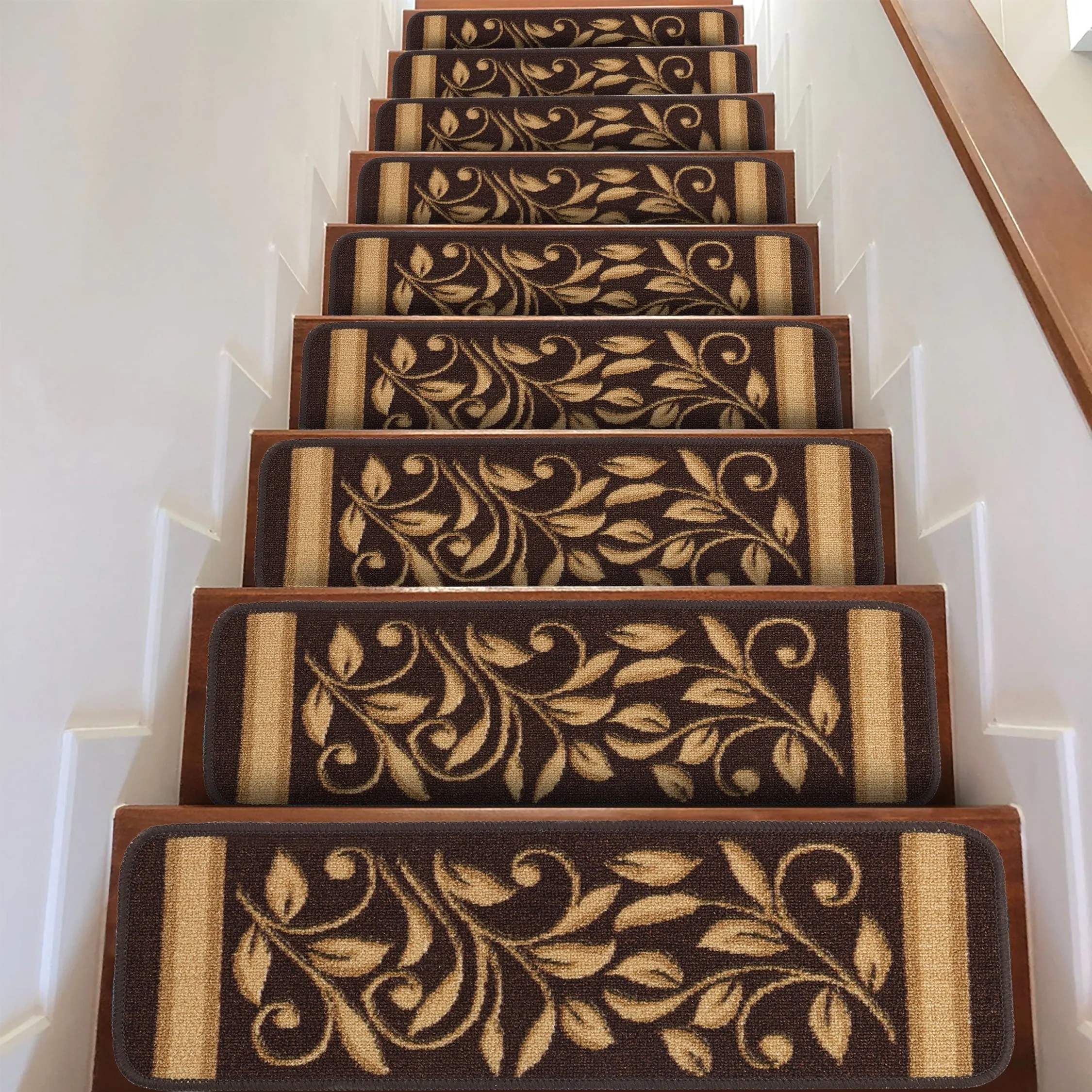 Beverly Rug Non Slip Treads Stylish Stain Resistant Floral Pattern Black Blue Brown Stair Treads 28 x 8.7