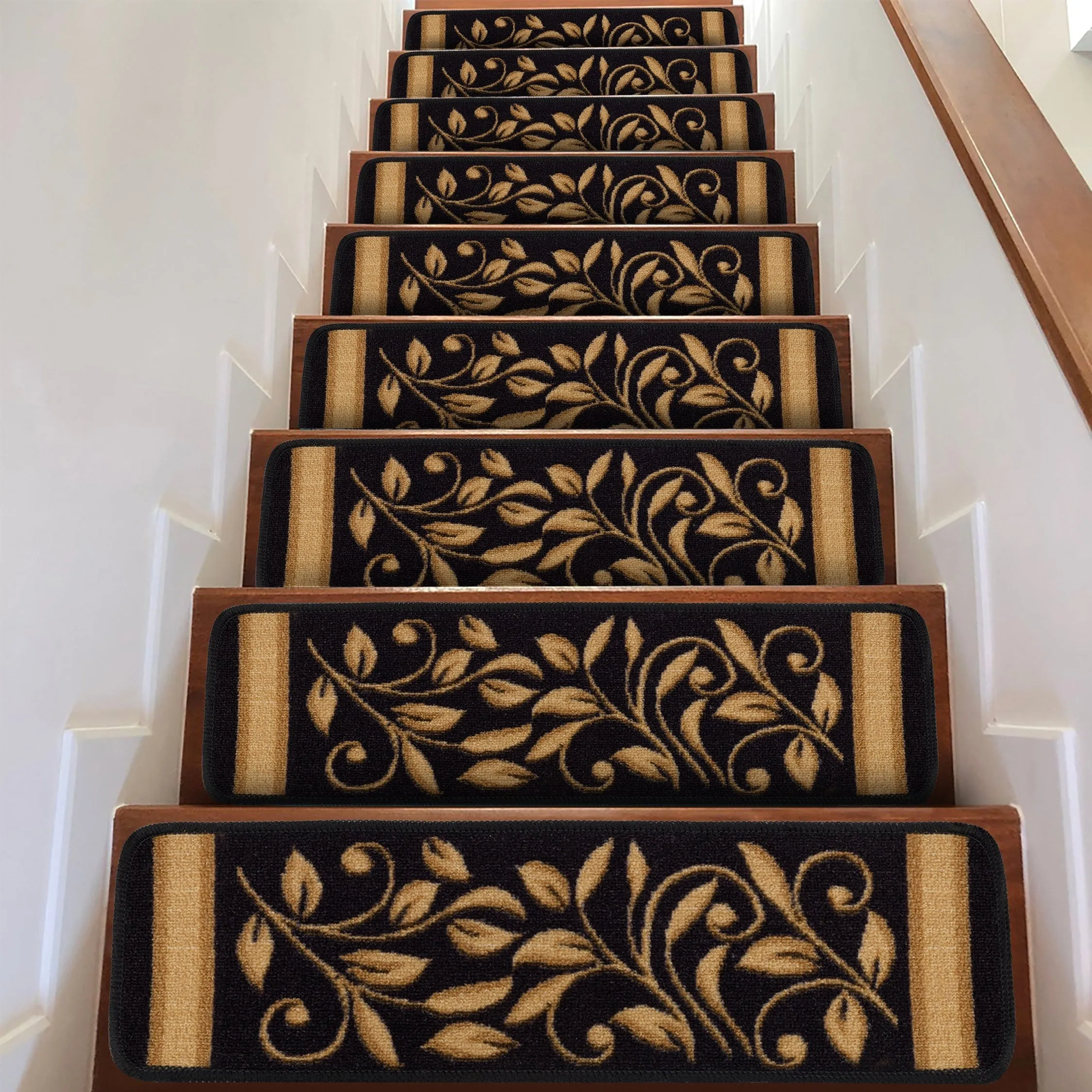 Beverly Rug Non Slip Treads Stylish Stain Resistant Floral Pattern Black Blue Brown Stair Treads 28 x 8.7