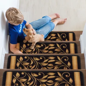 Beverly Rug Non Slip Treads Stylish Stain Resistant Floral Pattern Black Blue Brown Stair Treads 28 x 8.7
