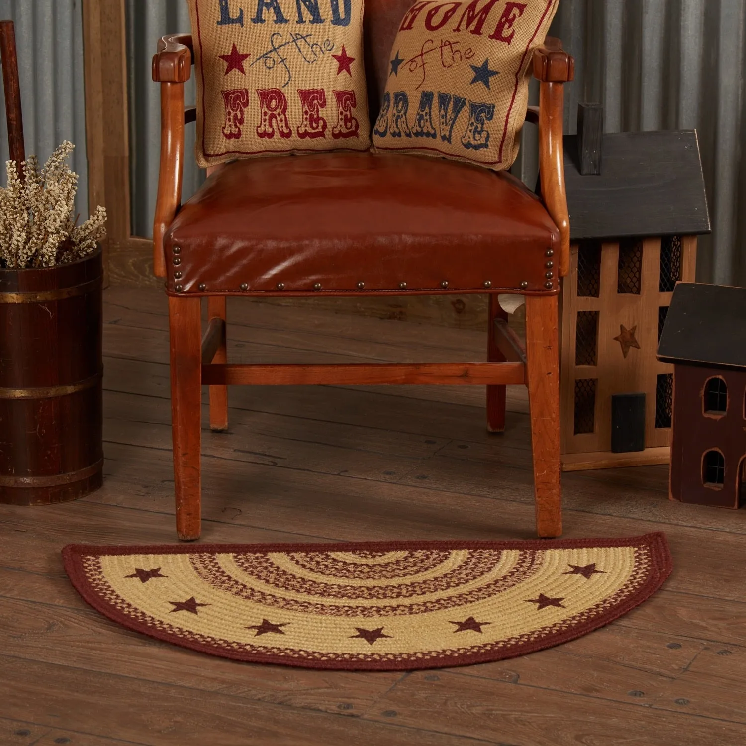 Burgundy Tan Jute Rug Half Circle Stencil Stars w/ Pad 16.5x33 - 16.5 x 33 Half Circle
