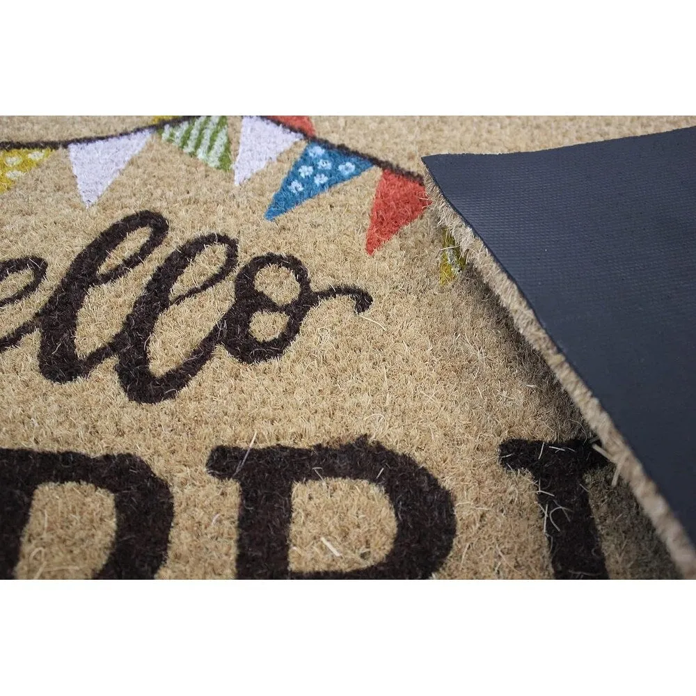Coir Doormat. Durable Outdoor/Indoor Rug. Welcome Mat. Happy Springtime. Floral Design
