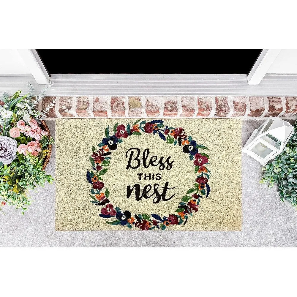 Coir Doormat. Durable Outdoor/Indoor Rug. Welcome Mat. Happy Springtime. Floral Design