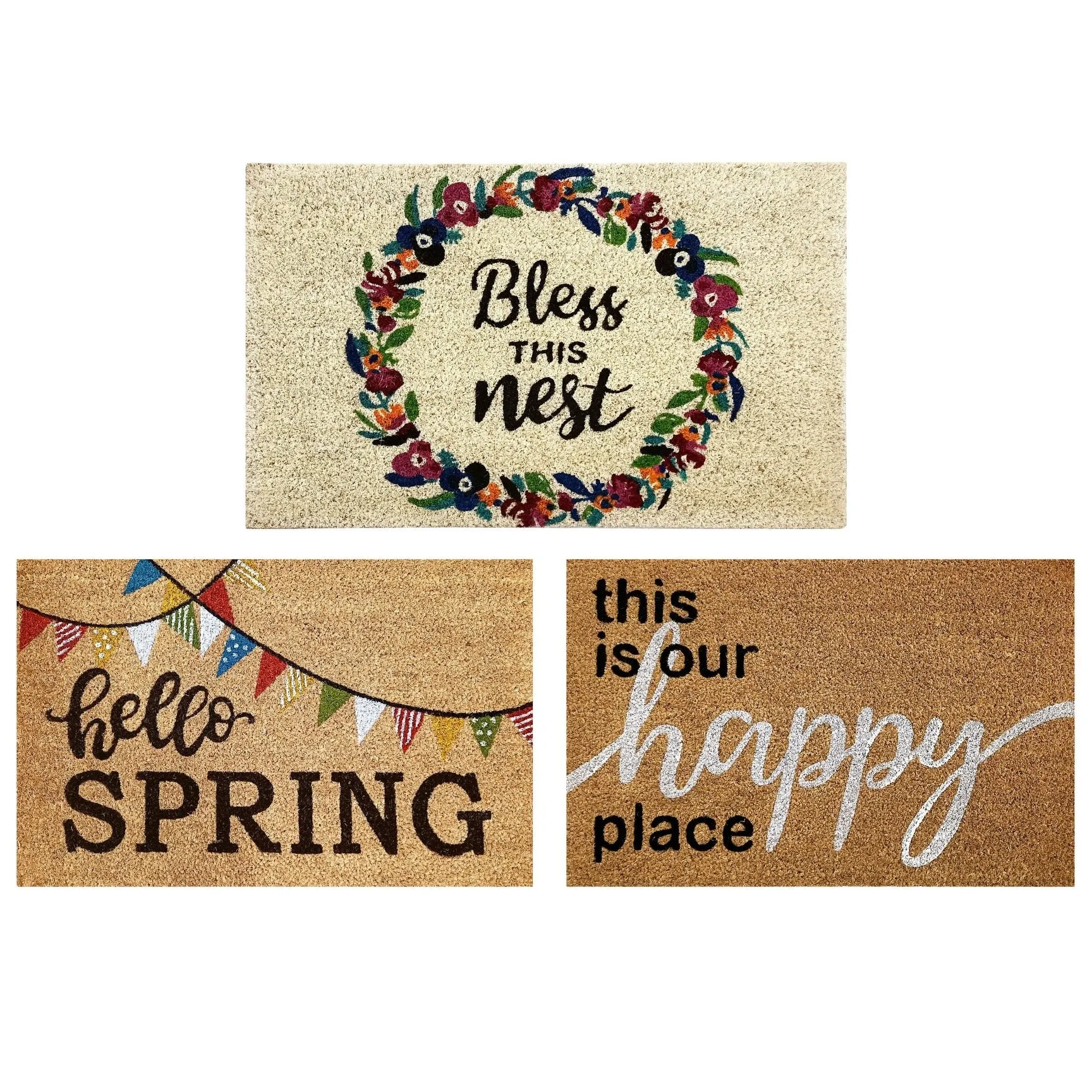Coir Doormat. Durable Outdoor/Indoor Rug. Welcome Mat. Happy Springtime. Floral Design