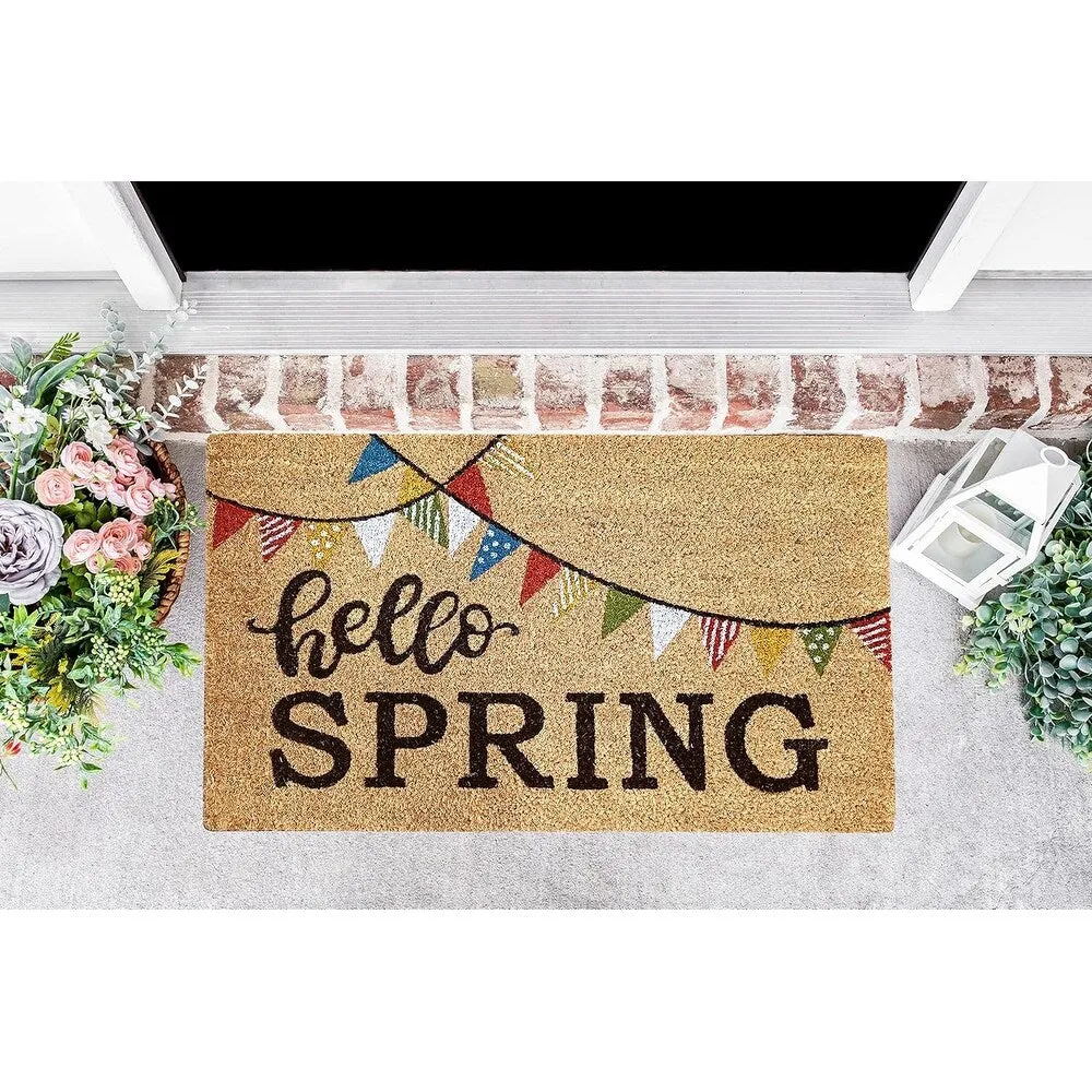 Coir Doormat. Durable Outdoor/Indoor Rug. Welcome Mat. Happy Springtime. Floral Design
