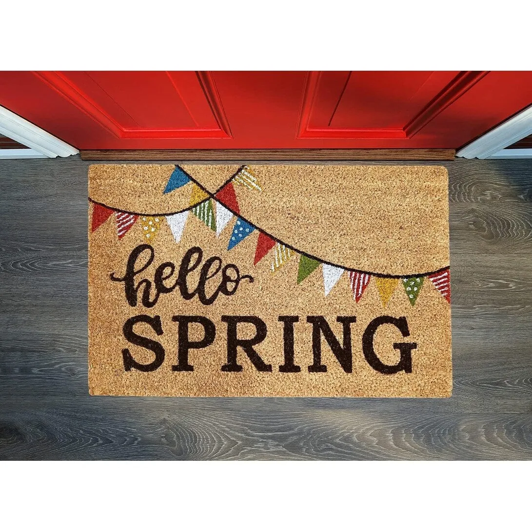 Coir Doormat. Durable Outdoor/Indoor Rug. Welcome Mat. Happy Springtime. Floral Design