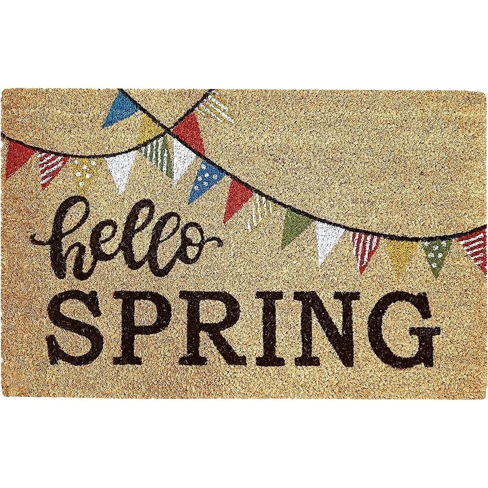 Coir Doormat. Durable Outdoor/Indoor Rug. Welcome Mat. Happy Springtime. Floral Design