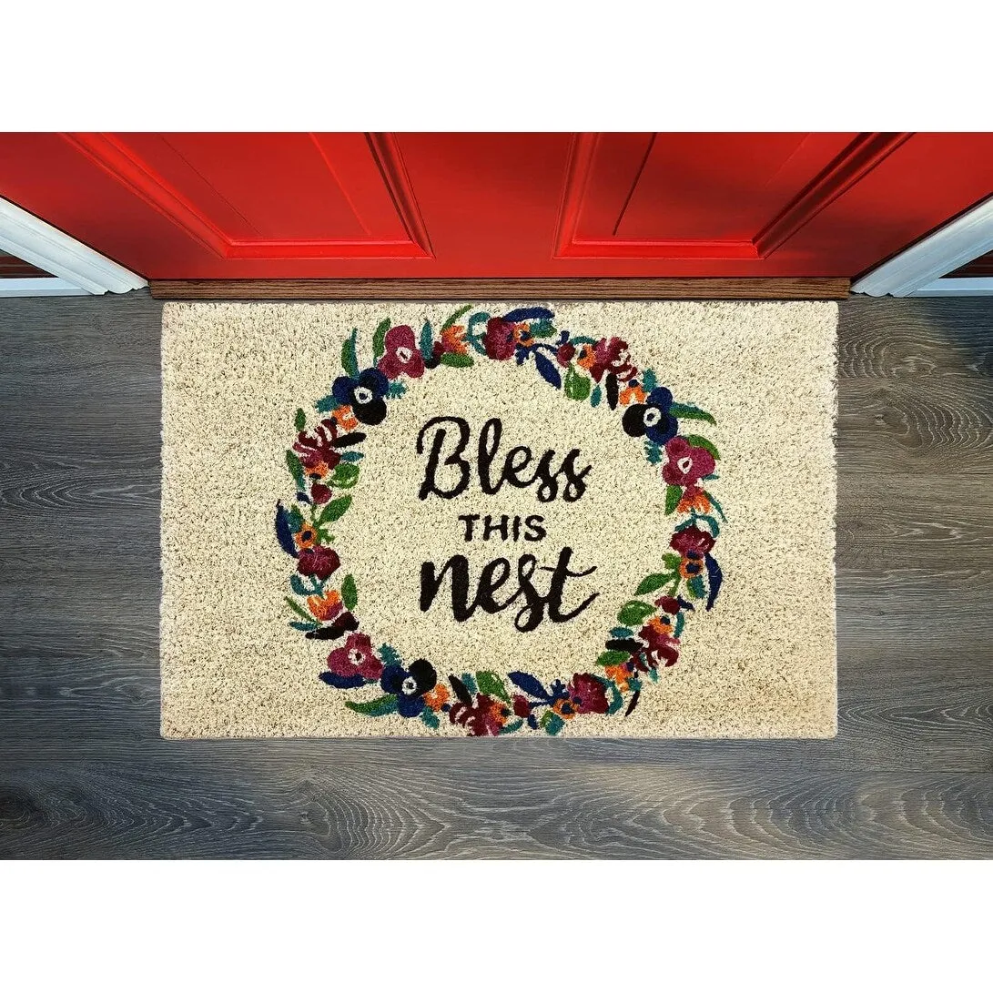Coir Doormat. Durable Outdoor/Indoor Rug. Welcome Mat. Happy Springtime. Floral Design