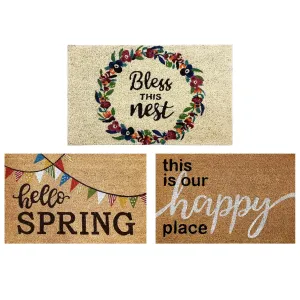 Coir Doormat. Durable Outdoor/Indoor Rug. Welcome Mat. Happy Springtime. Floral Design