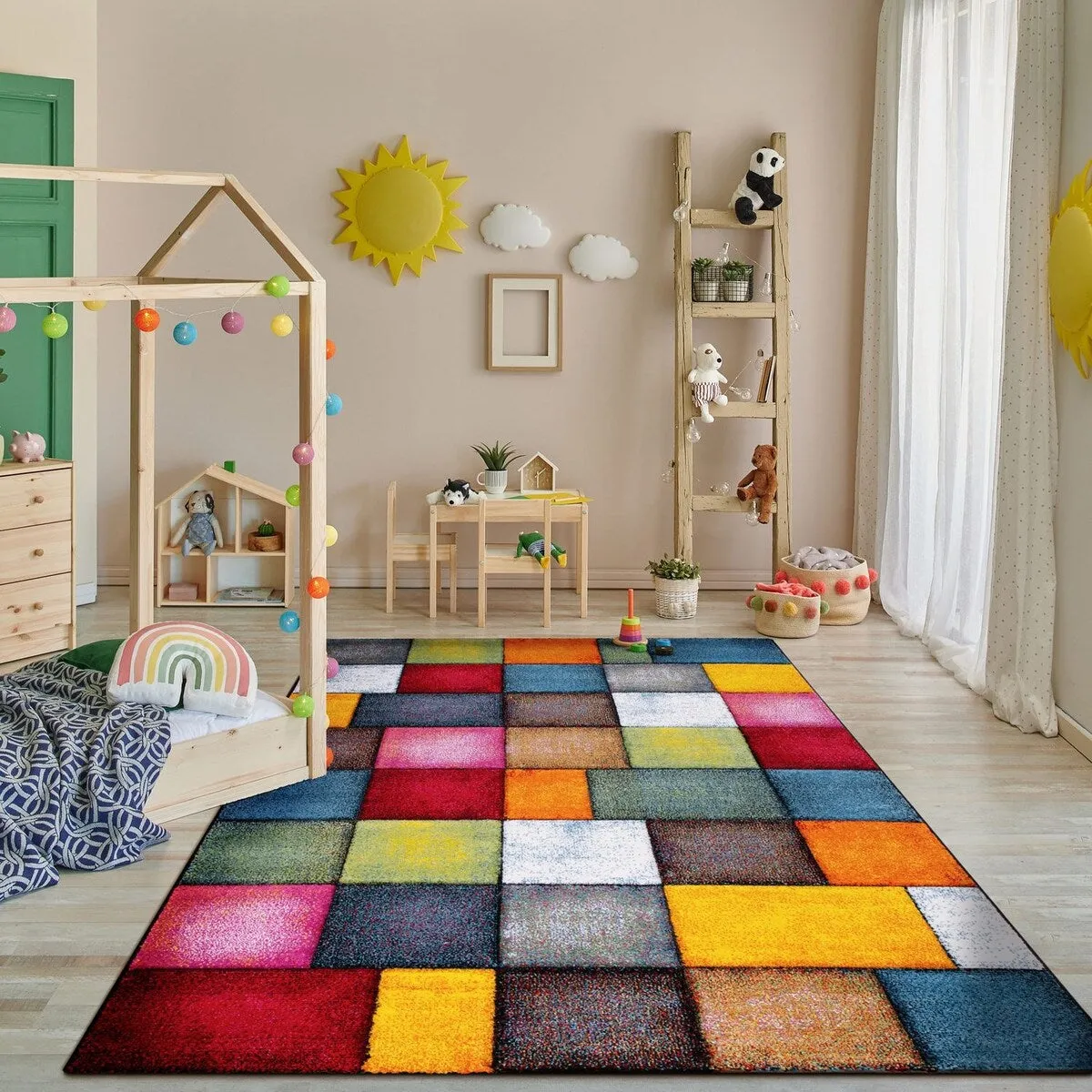 Colorful Living Room Rug with geometric Squares. Multi-Colored