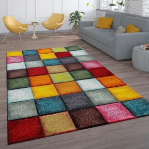 Colorful Living Room Rug with geometric Squares. Multi-Colored