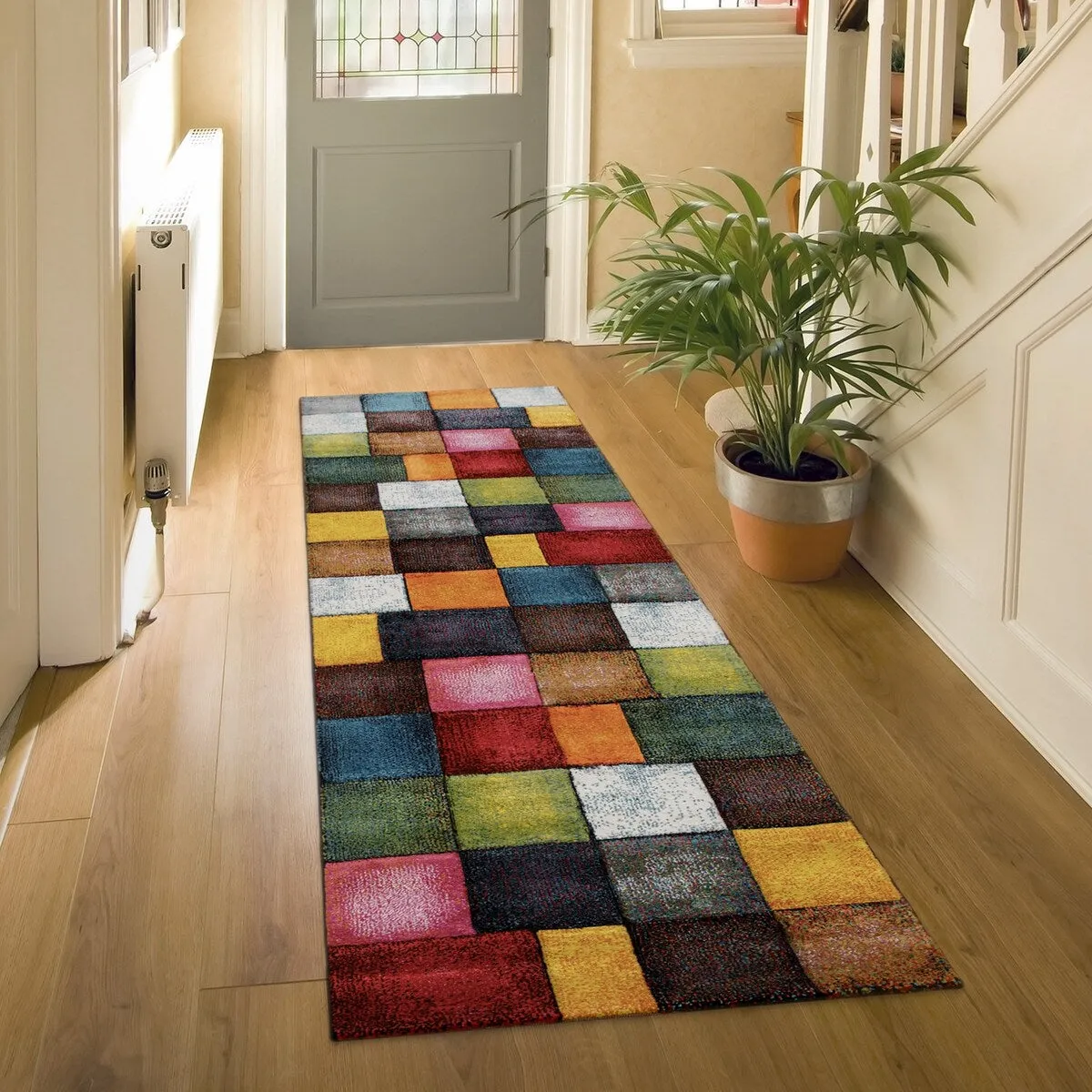 Colorful Living Room Rug with geometric Squares. Multi-Colored