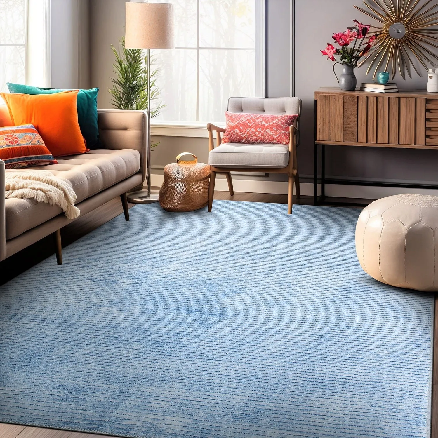 Contemporary Distressed Stripe Machine Washable Area Rug
